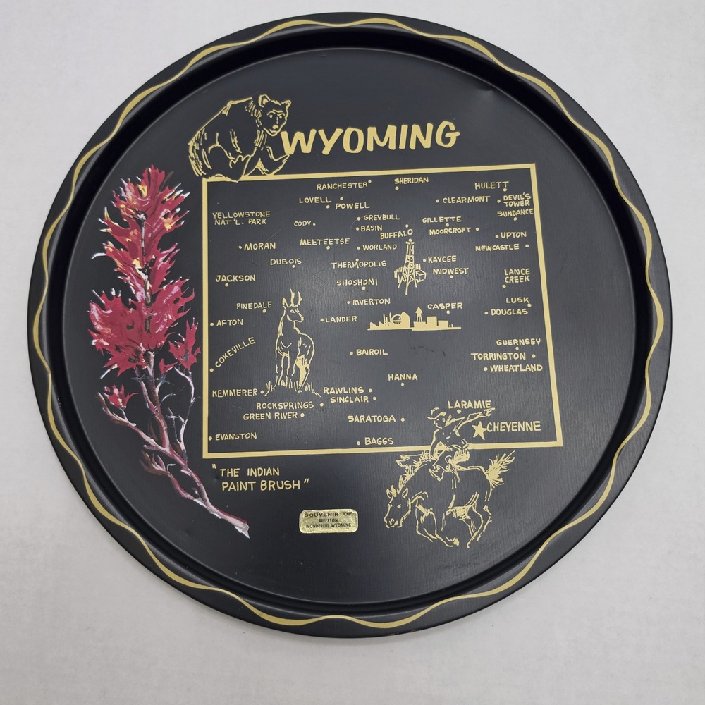 Wyoming State Map Souvenir Round Metal Tray Black Gold Red 11 Inch